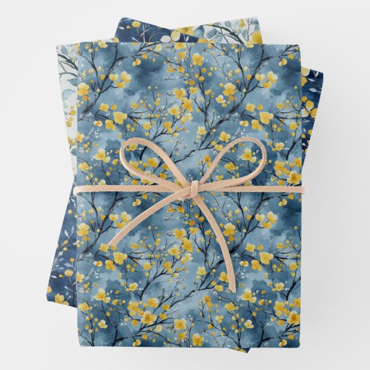 Gelbe und blaue Zweige und Blüten Geschenkpapier Set (Beispiel)