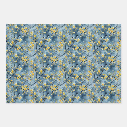 Gelbe und blaue Zweige und Blüten Geschenkpapier Set (Vorderseite)