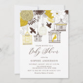 Gelbe und braune Vintage Birdcages Kinderdusche Einladung (Vorderseite)