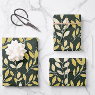 Gelbe und cremefarbene blättrige Zweige Muster  Geschenkpapier Set