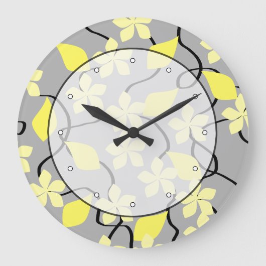 Gelbe und graue Blume. Blumenmuster Große Wanduhr (Vorderseite)