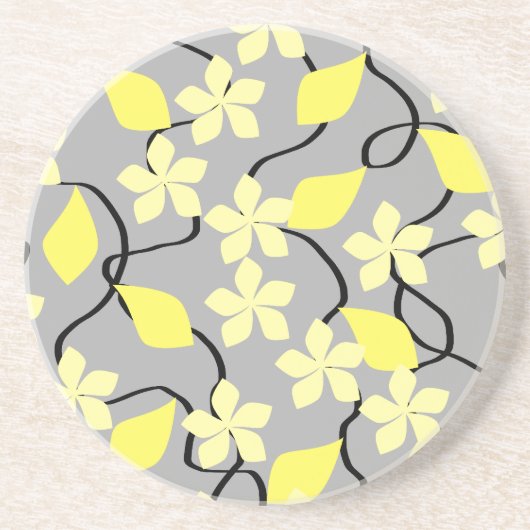 Gelbe und graue Blumen. Blumenmuster Sandstein Untersetzer (Vorne)