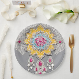 Gelbe und graue Blumenmuster AI-Kunst Pappteller