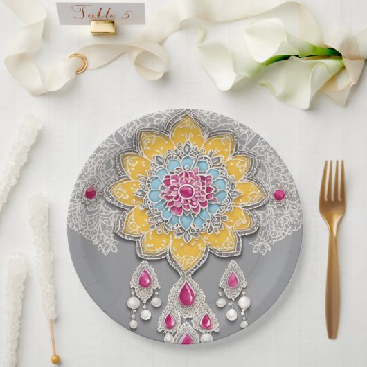 Gelbe und graue Blumenmuster AI-Kunst Pappteller (Hochzeit)