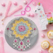 Gelbe und graue Blumenmuster AI-Kunst Pappteller (Party)
