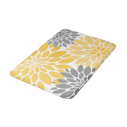 Gelbe und graue Chrysanthemen Blumenmuster Badematte (Schrägansicht)
