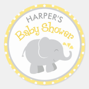 Gelbe und graue Elefanten-Baby-Party Runder Aufkleber