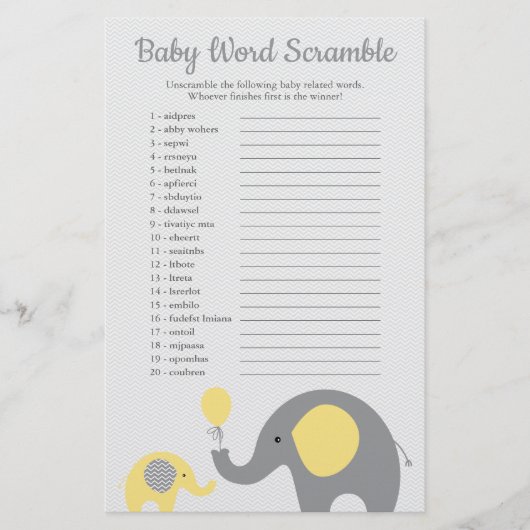 Gelbe und graue Elefantendusche Word Scramble Flyer (Vorne)