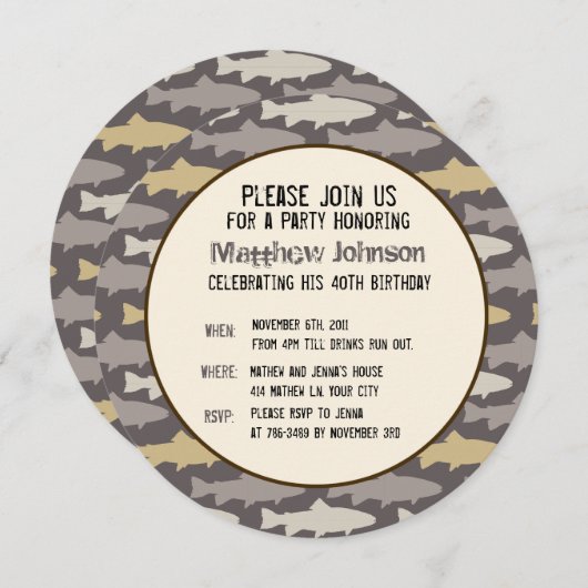 Gelbe und graue Fun Trout Fish Muster Einladung (Vorne/Hinten)