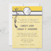 Gelbe und graue Funky-Wirbel beim Hochzeitsdatum s Save The Date (Rückseite)