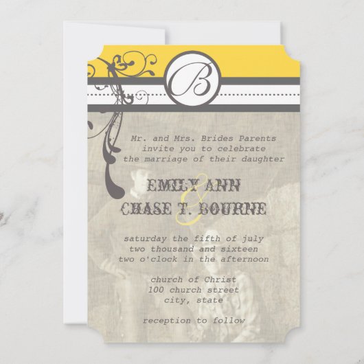 Gelbe und graue Funky-Wirbel beim Hochzeitsdatum s Save The Date (Rückseite)