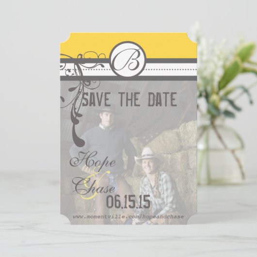 Gelbe und graue Funky-Wirbel beim Hochzeitsdatum s Save The Date (Stehend Vorderseite)