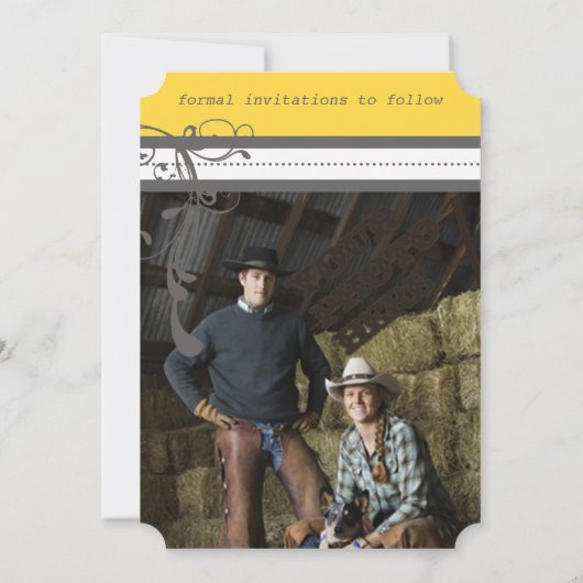 Gelbe und graue Funky-Wirbel beim Hochzeitsdatum s Save The Date (Rückseite)