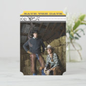 Gelbe und graue Funky-Wirbel beim Hochzeitsdatum s Save The Date (Stehend Vorderseite)