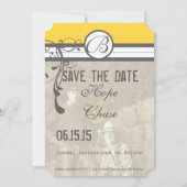 Gelbe und graue Funky-Wirbel beim Hochzeitsdatum s Save The Date (Rückseite)