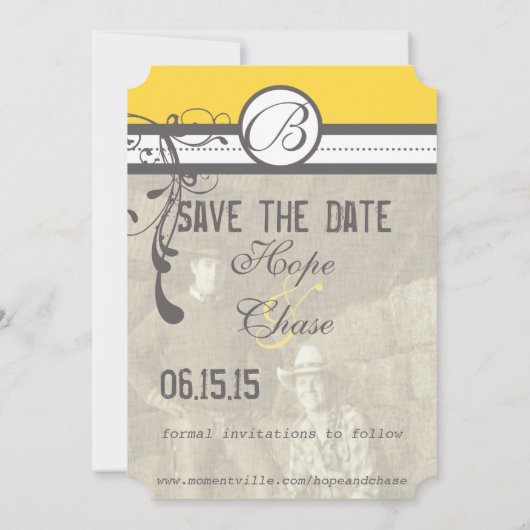 Gelbe und graue Funky-Wirbel beim Hochzeitsdatum s Save The Date (Rückseite)