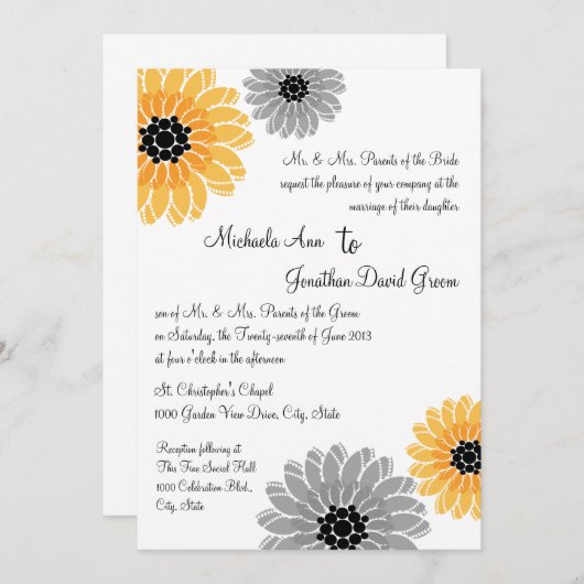 Gelbe und graue Hochzeit im Kunstgarten Einladung (Vorne/Hinten)