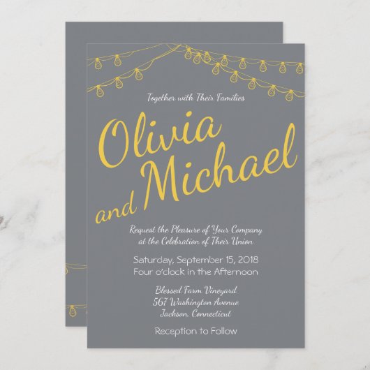 Gelbe und graue Hochzeitseinladung mit Lichtern Einladung (Vorne/Hinten)