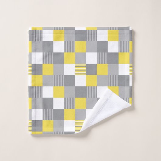 Gelbe und graue Quadrate und Streifen Badhandtuch Set (Waschlappen)