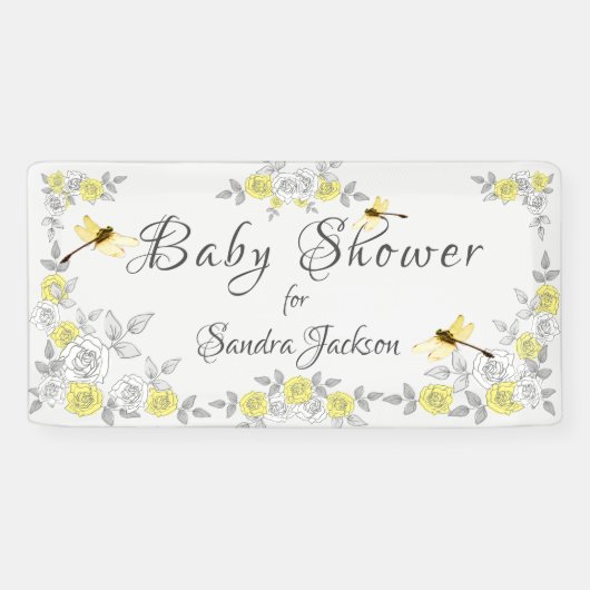 Gelbe und graue Rose Dragonfly Babydusche Bann Banner (Horizontal)