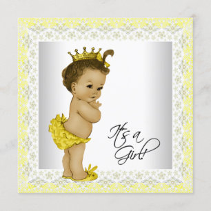 Gelbe und graue Vintage-Baby-Mädchen-Party Einladung