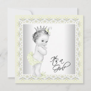 Gelbe und graue Vintage-Baby-Mädchen-Party Einladung