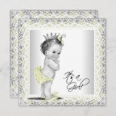 Gelbe und graue Vintage Babymädchendusche Einladung (Vorne/Hinten)