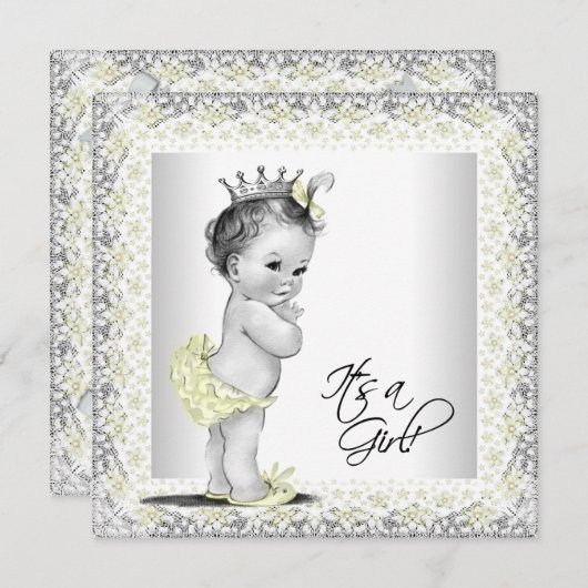 Gelbe und graue Vintage Babymädchendusche Einladung (Vorne/Hinten)