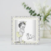 Gelbe und graue Vintage Babymädchendusche Einladung (Stehend Vorderseite)