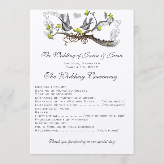 Gelbe und graue Vintage Liebesvögel Hochzeit Programm (Vorderseite)