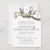 Gelbe und graue Vintage Vögel - Hochzeitsreise Einladung (Vorderseite)