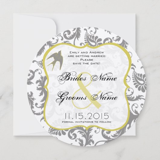 Gelbe und graue Vintage Vogelmatte Einladung (Rückseite)