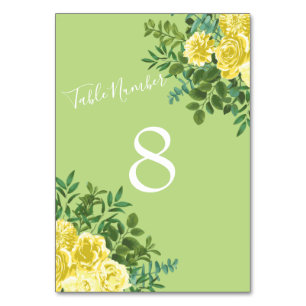 Gelbe und grüne Frühlingsrosen Hochzeit im Vintage Tischnummer