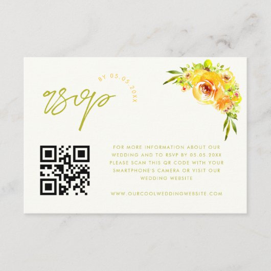 Gelbe und grüne lebendige florale QR-Code-RSVP-Kar Begleitkarte (Vorderseite)
