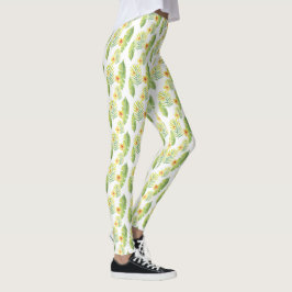 Gelbe und grüne tropische Blätter und Blume Leggings