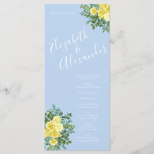 Gelbe und hellblaue Rose Vintage Frühjahrssonne Menükarte (Vorderseite)
