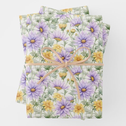 Gelbe und Lila Daisy-ähnliche Blume drucken Geschenkpapier Set (Beispiel)