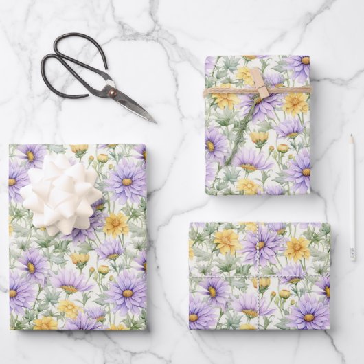 Gelbe und Lila Daisy-ähnliche Blume drucken Geschenkpapier Set (Vorderseite)
