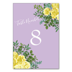 Gelbe und lila elegante Vintage-Hochzeit im Frühli Tischnummer