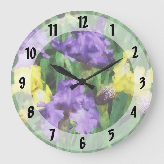 Gelbe und lila Iris Große Wanduhr (Vorderseite)