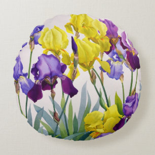 Gelbe und lila Iris Rundes Kissen