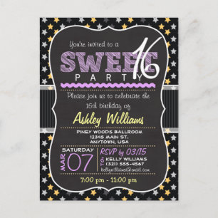 Gelbe und Lila Sterne Sweet 16 Postcard Einladung