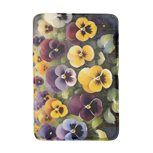 Gelbe und lila Stiefmütterchen Aquarellmalerei Badematte (Vorderseite Vertikal)