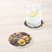 Gelbe und lila Stiefmütterchen Aquarellmalerei Getränkeuntersetzer (Seite)