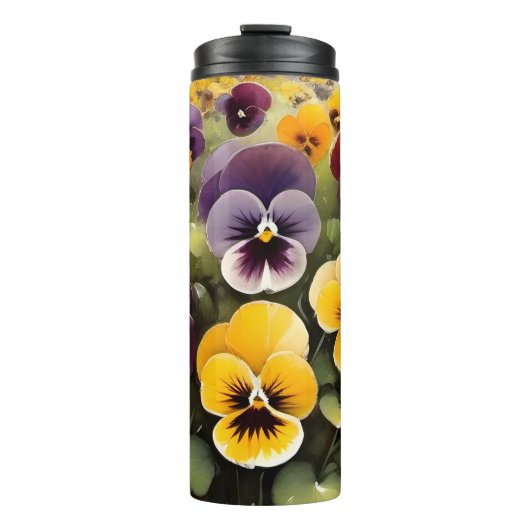 Gelbe und lila Stiefmütterchen Aquarellmalerei Thermosbecher (Vorderseite)