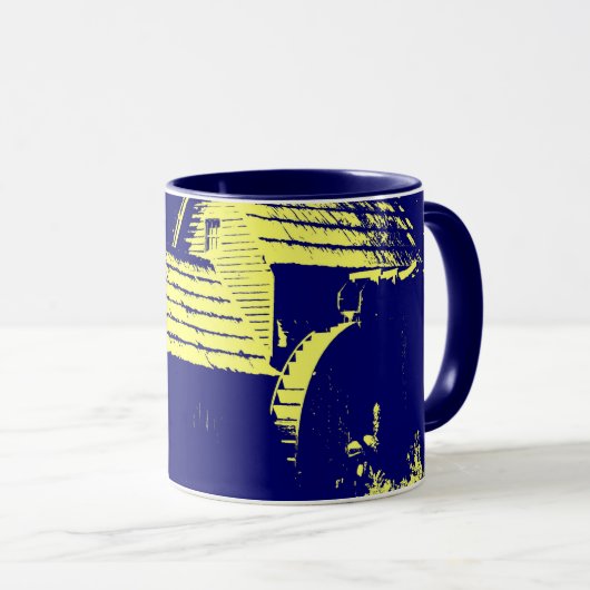 Gelbe und Navy-Blue-Mabry-Mühle Tasse (VorderseiteRechts)
