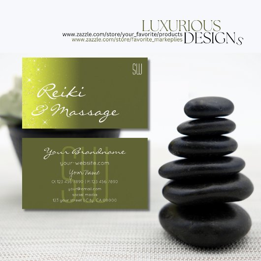 Gelbe und olibergrüne Glitzer mit Initialen Visitenkarte