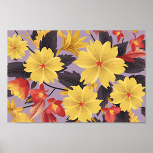 Gelbe und orangefarbene Florals auf dem Lavendel-H Poster