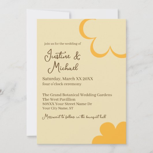 Gelbe und orangefarbene Retro-Blume Hochzeit Einladung (Vorderseite)