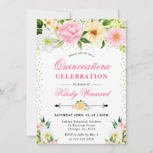 Gelbe und rosa Sommerblumen Foto Quinceanera Einladung